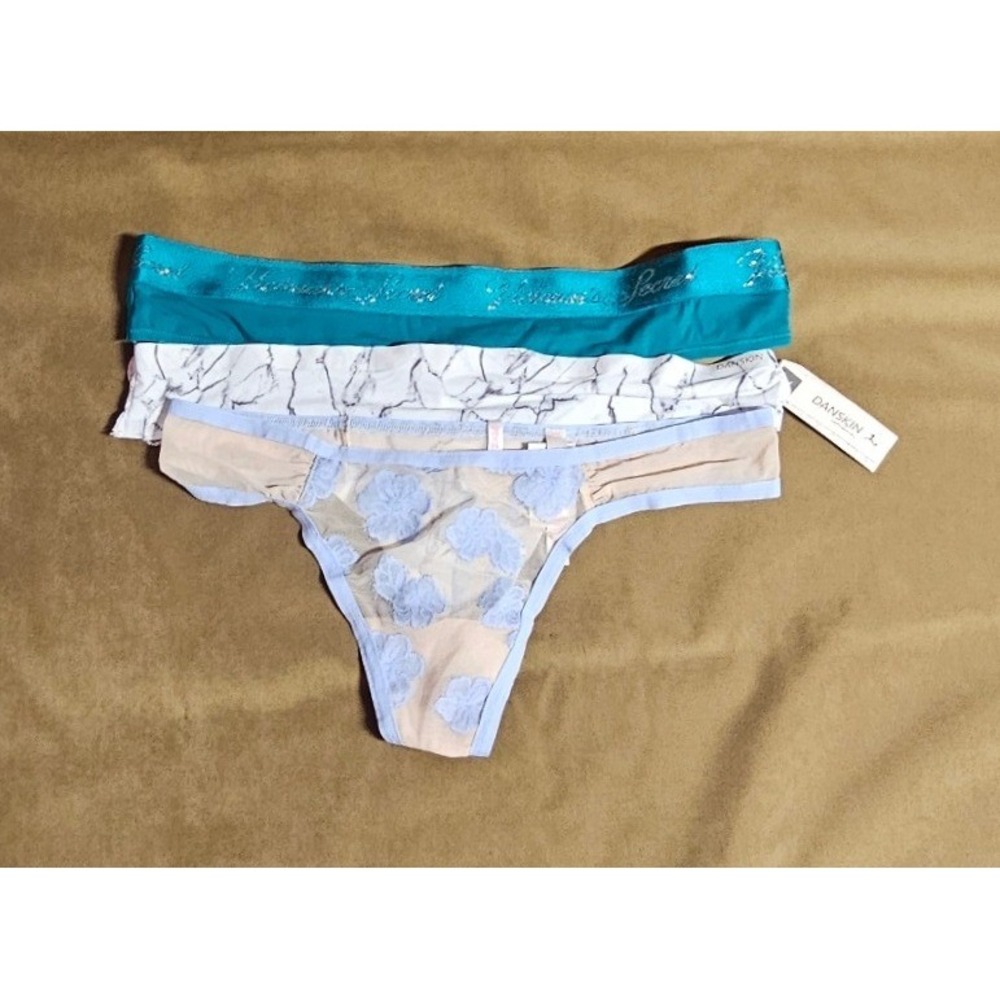 Victoria's Secret PINK & Danskin Thong Panties Bundle 3PK Teal Marble Floral L